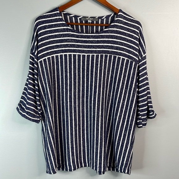 Coin 1804 Stripe Knit Top Navy White 1/2 Sleeve Round Neck Brushed Stretch 2X - Picture 11 of 11